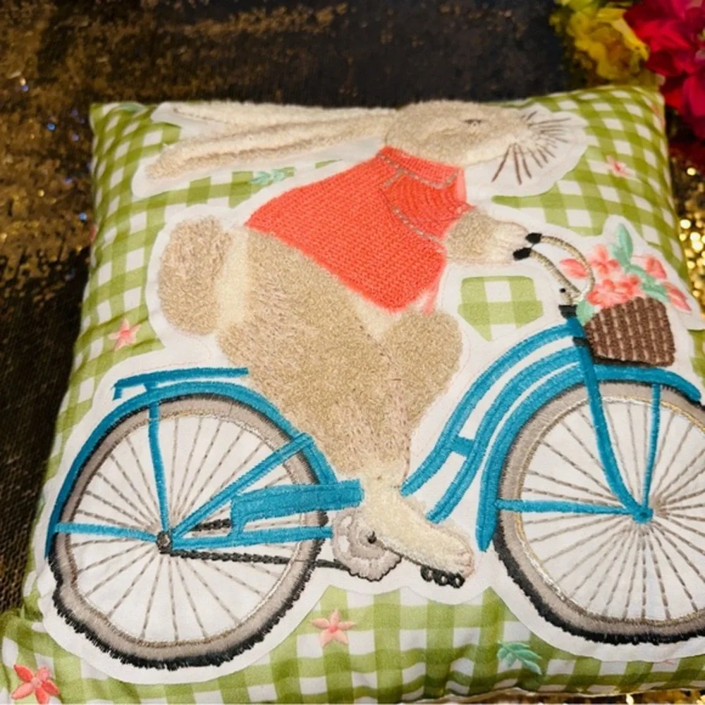 Easter decorative pillow plush bunny riding bicycle